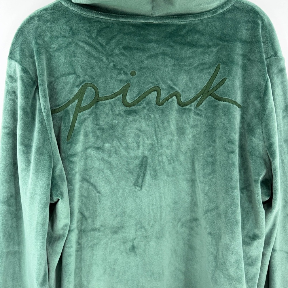 PINK Victoria's Secret Velour Full Zip Hoodie‎ Green Logo L Y2K 2000s Aesthetic - Picture 7 of 8